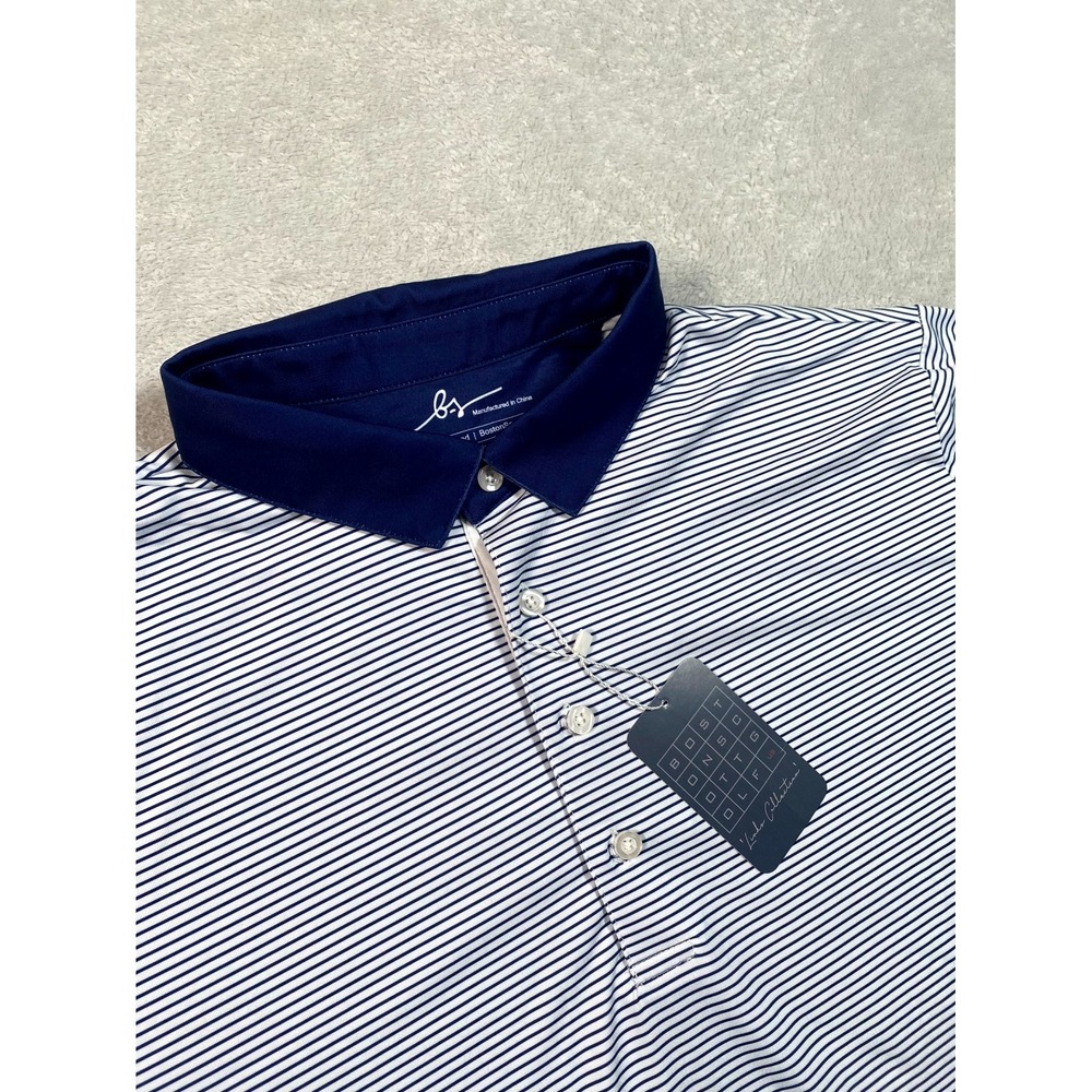 Boston Scott‎ Golf Polo Shirt Mens 2XL Navy Blue White Striped Stretch Tennis